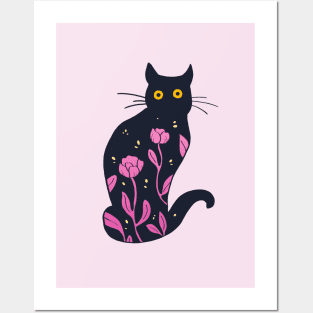 Kitty with pink flowers Posters and Art